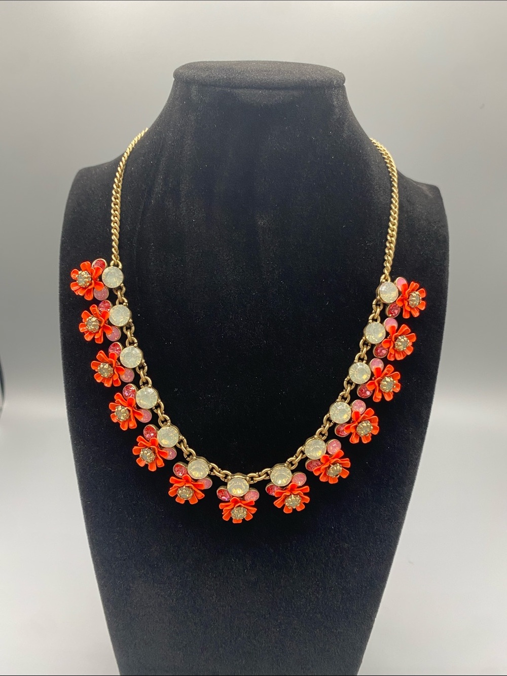 J Crew Gold-Tone Necklace with Red Flower Accents